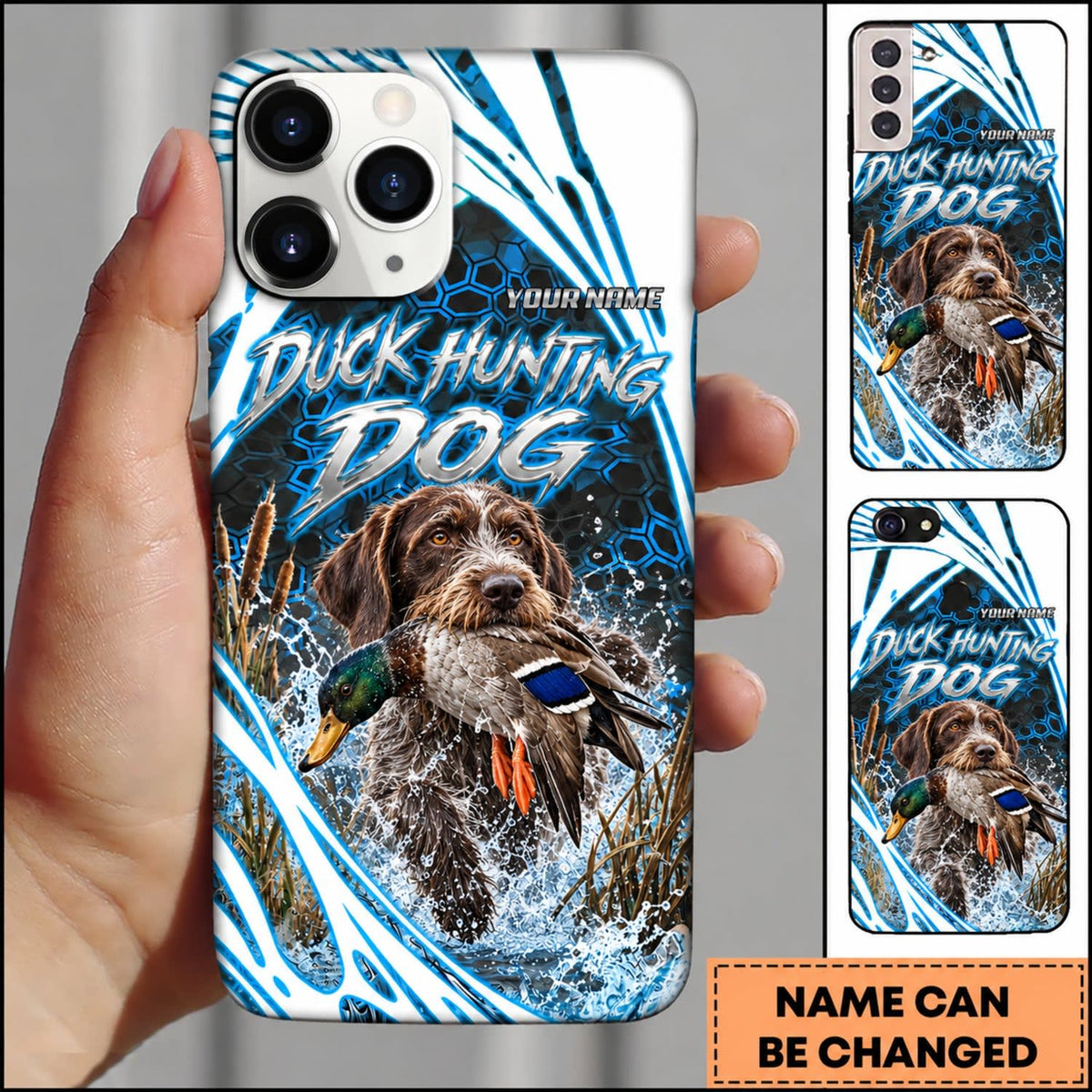 Maxcorners Duck Hunting Golden Retriever Electric Blue Hexagon Splash Personalized Name 3D Phone Case - Boykin Spaniel