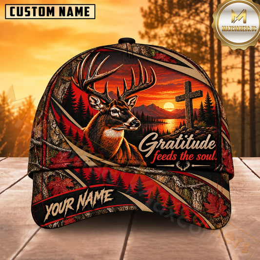 Maxcorners Deer Hunting Whitetail Buck Gratitude Feeds the Soul Crimson Camo Customized Name 3D Cap