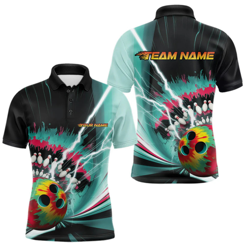 Maxcorners Custom Colorful Tie Dye Bowling Polo Shirts For Men, Rainbow Bowlers Outfit LM1605