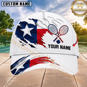 Maxcorners Tennis Texas Lone Star Crossed Rackets Red White Blue Ripped Effect Personalized Name 3D Cap