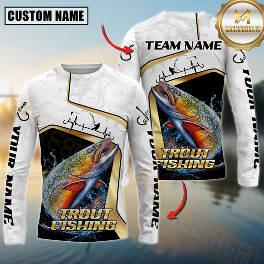 Maxcorners White Marble & Gold Trim Mahi Mahi Splash Heartbeat Line Personalized Name, Team Name 3D Long Sleeve Shirt