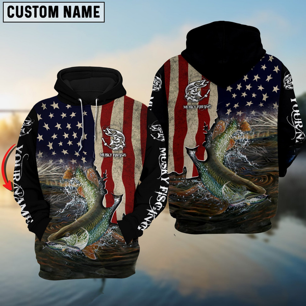 Maxcorners Musky Fishing 3D American Flag Patriotic Personalized Name, Team Name 3D Long Sleeve Shirt