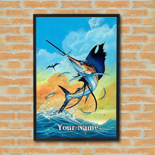 Maxcorners Marlin Fishing Ocean Jump Sunset Illustration Personalized Name 3D Poster