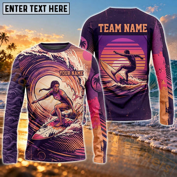 Maxcorners Surf Purple Ocean Wave Art Customized Name, Team Name 3D Long Sleeve Shirt