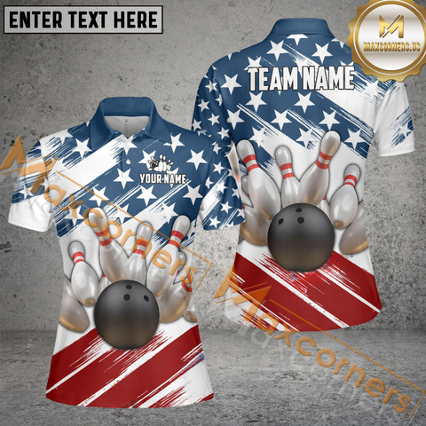 Maxcorners USA Flag Bowling Jersey Customized Name, Team Name 3D Shirt For Women