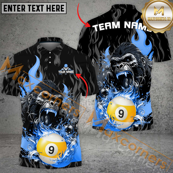 Maxcorners Custom Pool Team Jersey Shirt, Fierce Gorilla With Flaming 9-Ball Personalization Name And Team Name