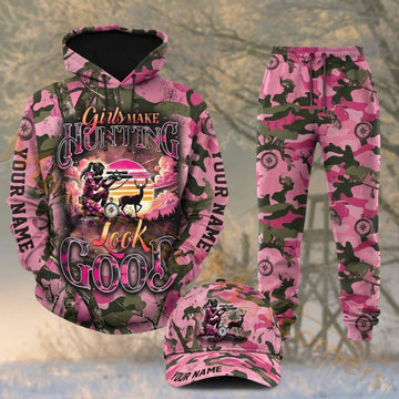 Maxcorners Hunting Girls Pink Camouflage Deer Personalized 3D Combo Hoodie, Sweatpants Set & Cap