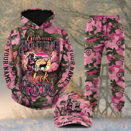 Maxcorners Hunting Girls Pink Camouflage Deer Personalized 3D Combo Hoodie, Sweatpants Set & Cap