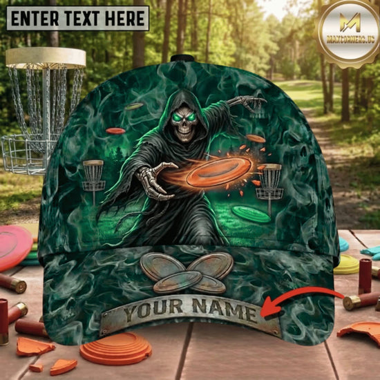 (3 Colors) Maxcorners Disc Golf Grim Reaper Flaming Flying Disc Personalized Name 3D Cap LM3009