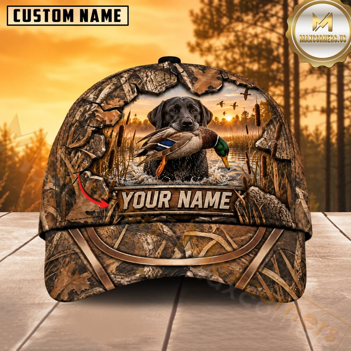 Maxcorners Dog Hunting And Duck Sunset Marsh Landscape Camo Personalized Name 3D Cap