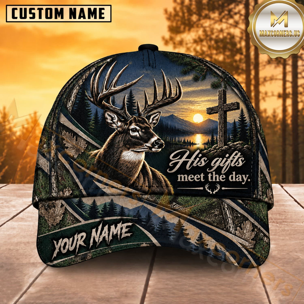 Maxcorners Deer Hunting Whitetail Buck His Gifts Meet the Day Midnight Blue Camo Customized Name 3D Cap