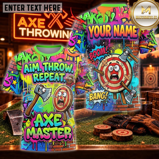 Maxcorners Axe Throwing Colorful Graffiti Axe Master Personalized Name 3D Unisex Shirt