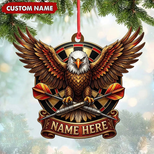 Maxcorners Darts Lover Majestic Eagle Mascot, Spread Wings, Holding Darts Banner Personalized Name Ornament 2D Flat