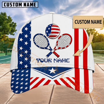 Maxcorners Tennis American Flag Crossed Rackets & Tennis Ball Red White Blue Patriotic Design Personalized Name 3D Cap