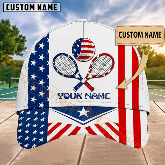 Maxcorners Tennis American Flag Crossed Rackets & Tennis Ball Red White Blue Patriotic Design Personalized Name 3D Cap