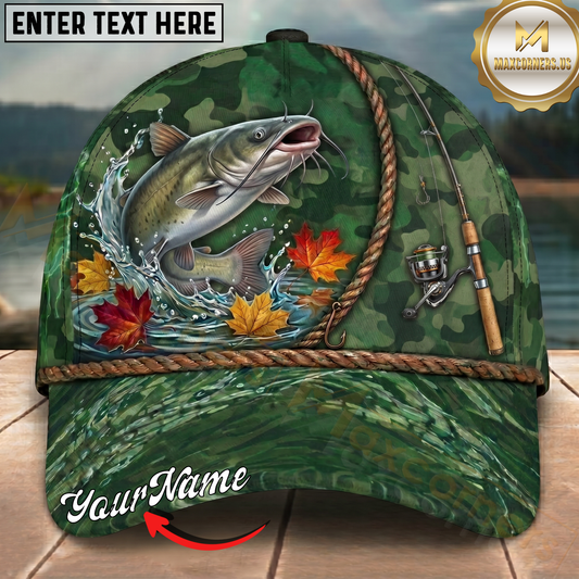 Maxcorners Fishing Green Camo Autumn Leaves Rope Personalized 3D Cap (12 Fish Species)