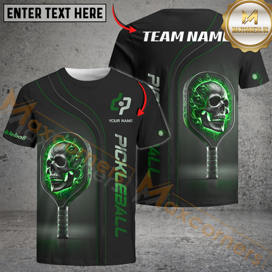 Maxcorners Pickleball Flaming Skull Paddle Custom Name & Team 3D Shirt (4 Colors)