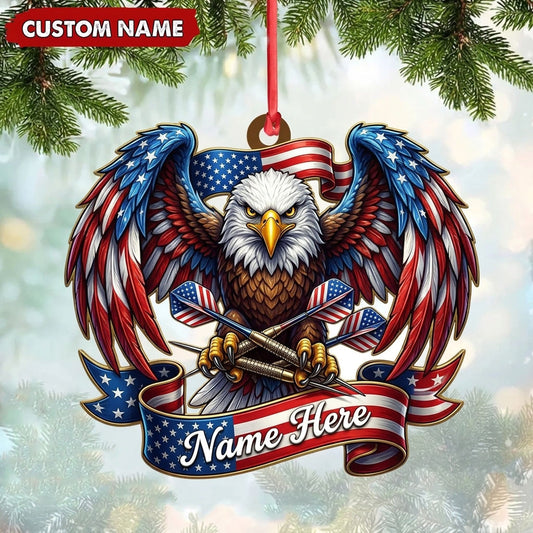 Maxcorners Darts Lover Patriotic Eagle Mascot, American Flag Wings, Crossed Darts Banner Personalized Name Ornament 2D Flat