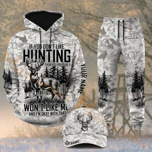 Maxcorners Hunting Whitetail Deer Quote White Winter Camouflage Personalized 3D Combo Hoodie, Sweatpants Set & Cap