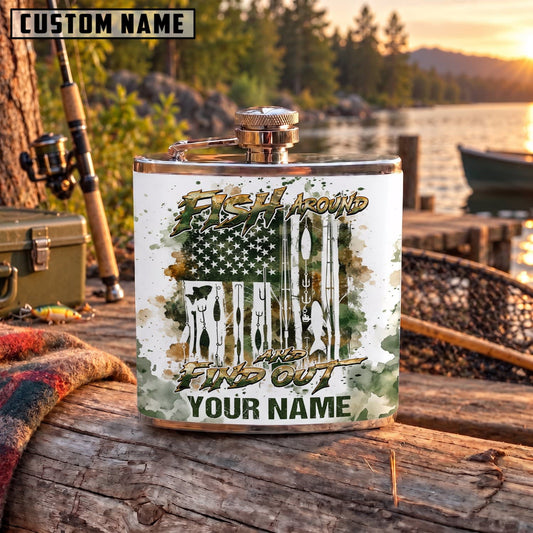 Maxcorners Fishing Vintage Fish American Flag Personalized Name 3D Hip Flask