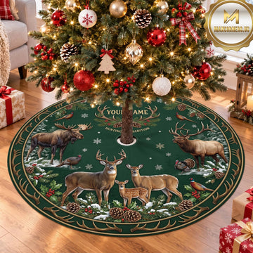 Maxcorners Hunting Deer Moose Green Wildlife Personalized Name 3D Christmas Tree Skirt