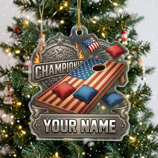Maxcorners Cornhole Patriotic Championship American Flag Board Customized Name 3D Keychain And Ornament
