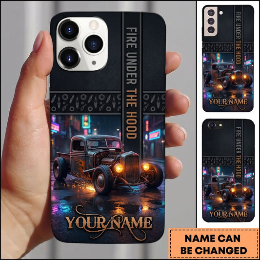 Maxcorners Hot Rod Black Vintage Car with Orange Headlights and Dark Urban Garage Personalized Name 3D Phone Case
