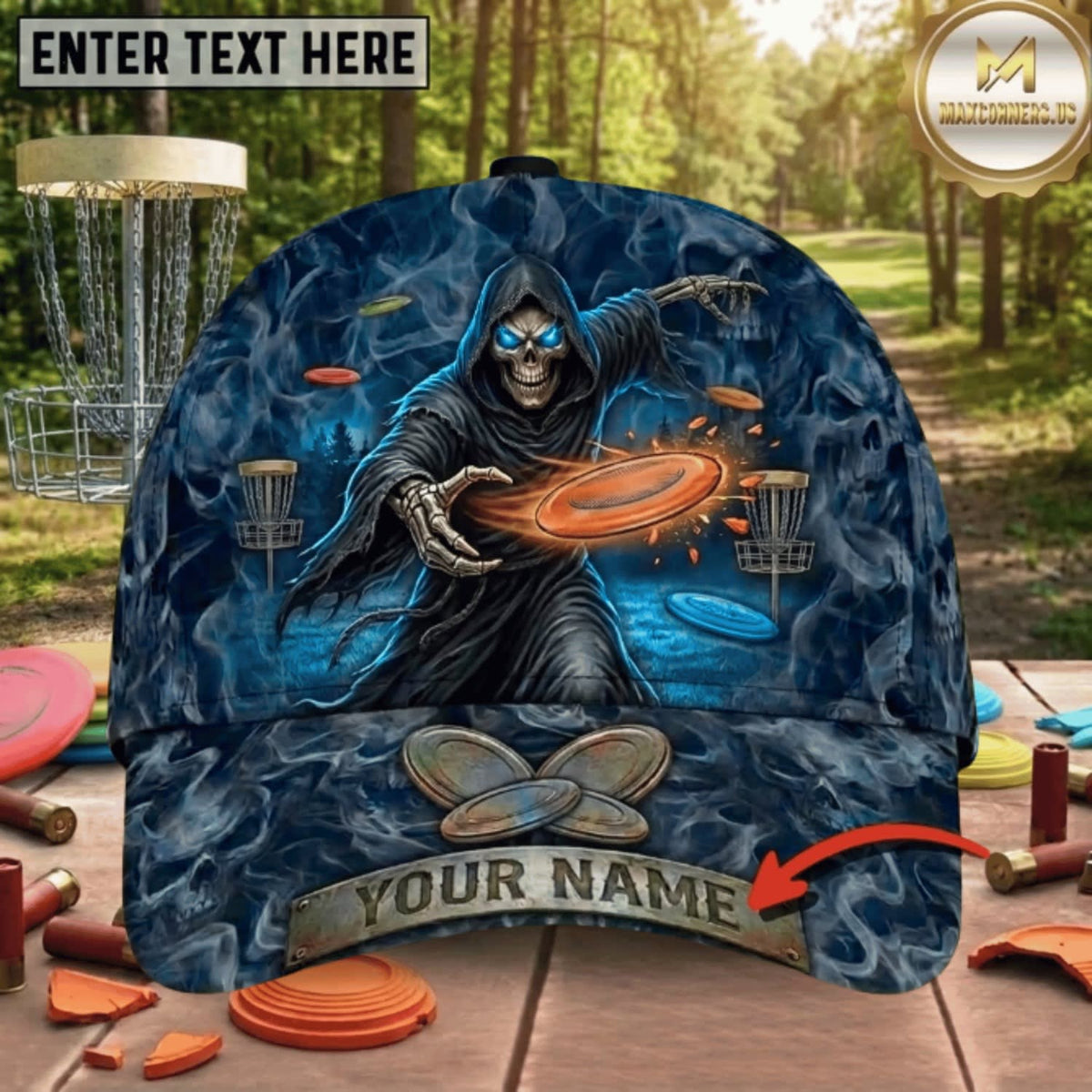 (3 Colors) Maxcorners Disc Golf Grim Reaper Flaming Flying Disc Personalized Name 3D Cap LM3009