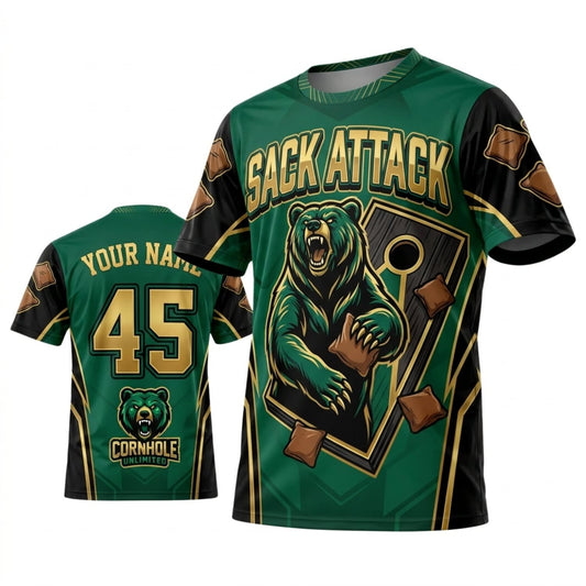 Maxcorners Cornhole Sack Attack Green Gold Warrior Personalized Name 3D Unisex Shirt