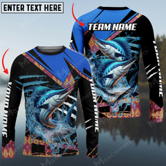 Maxcorners Marlin Fishing Blue Brocade Pattern Sun Protection Personalized Name, Team Name Long Sleeve Shirt