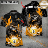 Maxcorners Custom Pool Team Jersey Shirt, Fierce Gorilla With Flaming 9-Ball Personalization Name And Team Name