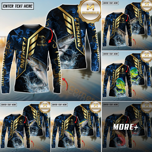 Maxcorners Saltwater Fish Fishing Gold Smoke Premium Sport Style Personalized Name, Team Name Long Sleeve Shirt (6 Breeds)