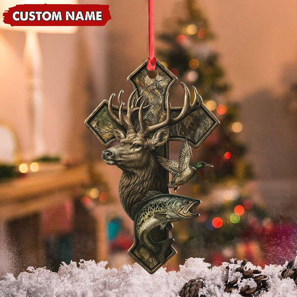 Maxcorners Personalized Hunter Acrylic Ornament – Deer, Duck & Fish Cross Design for Christmas Tree Decor LM0411