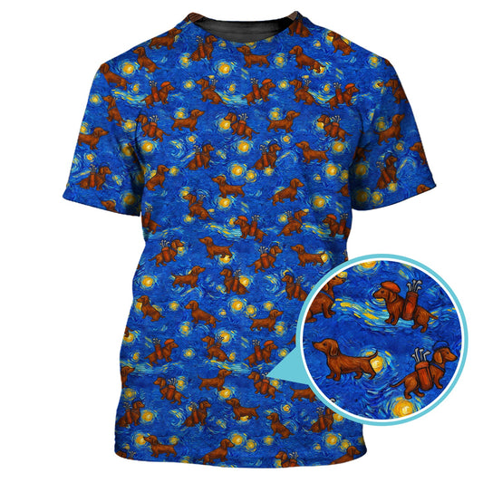 Maxcorners Pattern Golf Shirt For Golfer, Dachshund Golf Shirt, Starry Night Dachshund Golf Shirt For Men