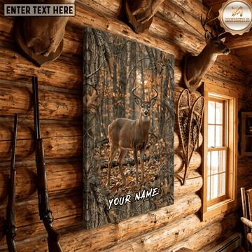 Maxcorners Deer Hunting Whitetail Buck Autumn Forest Fallen Leaves Camo Border Wildlife Scene Canvas Wall Art