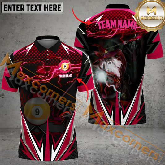 Maxcorners Billiard 9 Ball Fire Wizard Multicolor Options Personalized Name, Team Name 3D Polo Shirt (4 Colors)