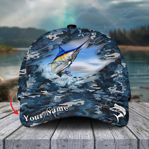 Maxcorners Blue Marlin Fishing Camouflage Customized Name 3D Cap