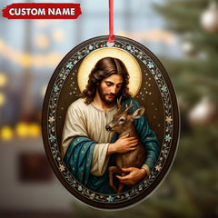 Maxcorners Custom Jesus Holding Deer Christmas Ornament, Personalized Name Christian Tree Decoration, Religious Woodland Gift for Faith Family MT2411