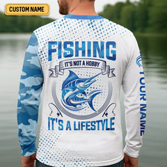 Maxcorners Fishing It's Not A Hobby It's A Lifestyle Blue Camo Fishing UPF Shirts, Blue Marlin Fishing Shirts For Men