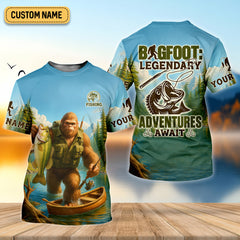 Maxcorners Bigfoot Legendary Adventures Await Bass Fishing Shirt, Funny Fishing Shirt, Presents For Fishermen