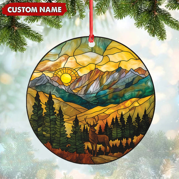 Maxcorners Personalized Deer Stained Glass Acrylic Ornament – Mountain Sunrise Christmas Tree Decoration Gift LM0411