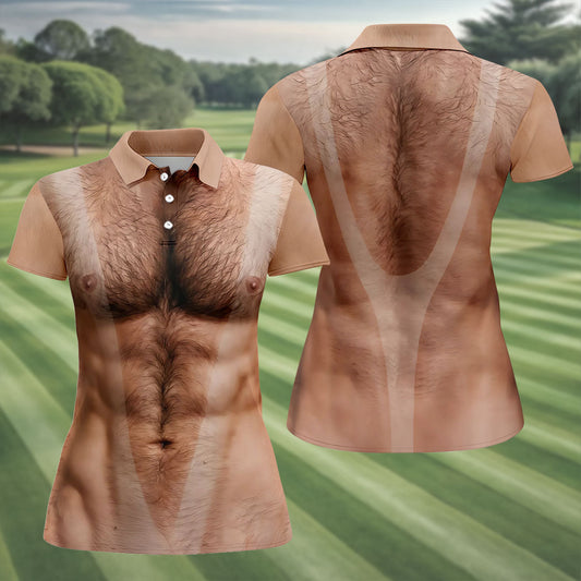 Maxcorners Funny Hairy Man Body Illusion Golf Shirt, Women's Golf Shirt, Hawaiian Golf Shirt, Golf Polo For Women LM1507
