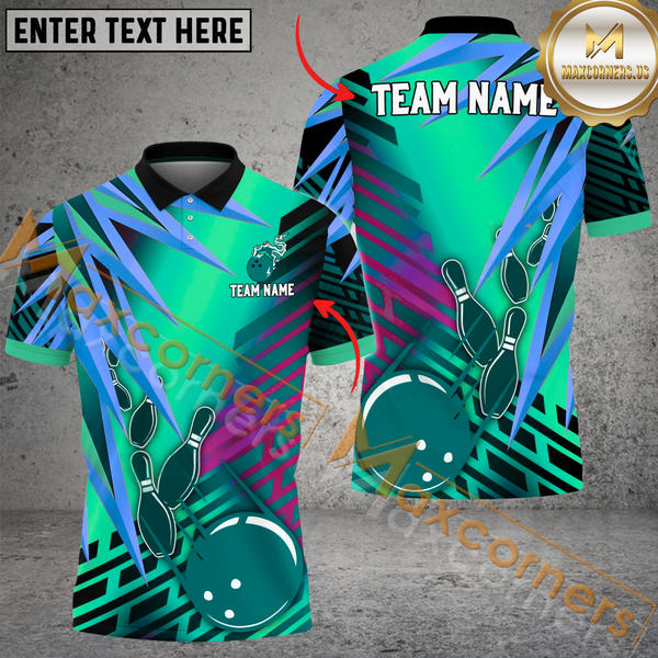 Maxcorners Bowling Ball & Pins Ice Break Multicolor Option Customized Name, Team Name 3D Polo Shirt