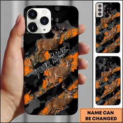 Maxcorners Artist Hunting Deer Family Orange Black Camo Diagonal Stripes Personalized Name Phone Case