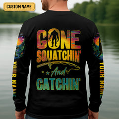 Maxcorners Gone Squatchin And Catching Alien Bigfoot Funny Fishing Shirt, SPF Shirt For Men, Fishing Shirts For Men