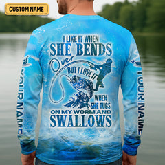 Maxcorners I Love It When She Tugs On My Worm And Swallows Blue Fishing Shirt, SPF Shirt For Men, Men's Fishing Shirt
