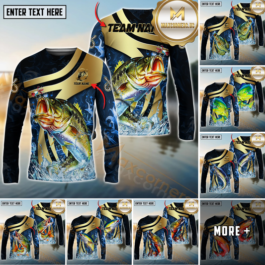 Maxcorners Fishing Luxury Gold Wave Water Splash Design Personalized Name, Team Name Long Sleeve Shirt (9 Breeds)