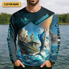 Maxcorners Never Give Up On Your Dreams Funny Skeleton Fishing UPF Shirts, Fishing Gifts For Men, Men's Fishing Shirt