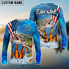 Maxcorners Pike Fishing Beer Usa Flag Personalized Name, Team Name 3D Long Sleeve Shirt