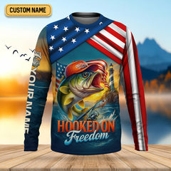 Maxcorners Hooked On Freedom Patriotic Fishing Shirt, Largemouth Bass Fishing SPF Shirt For Men, Men's Fishing Shirt